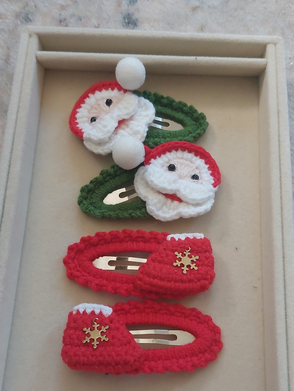 Handmade Crochet Santa Clips & Stocking Christmas Hair Clip Set